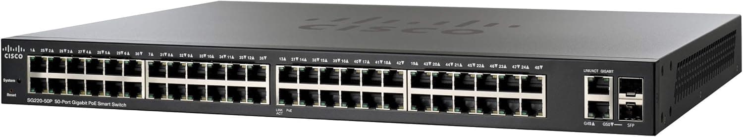Cisco SG220-50P Smart Switch | 50 Gigabit Ethernet (GbE) Ports | 2 Gigabit Ethernet Combo | 375W PoE | Limited Lifetime Protection (SG220-50P-K9-NA)