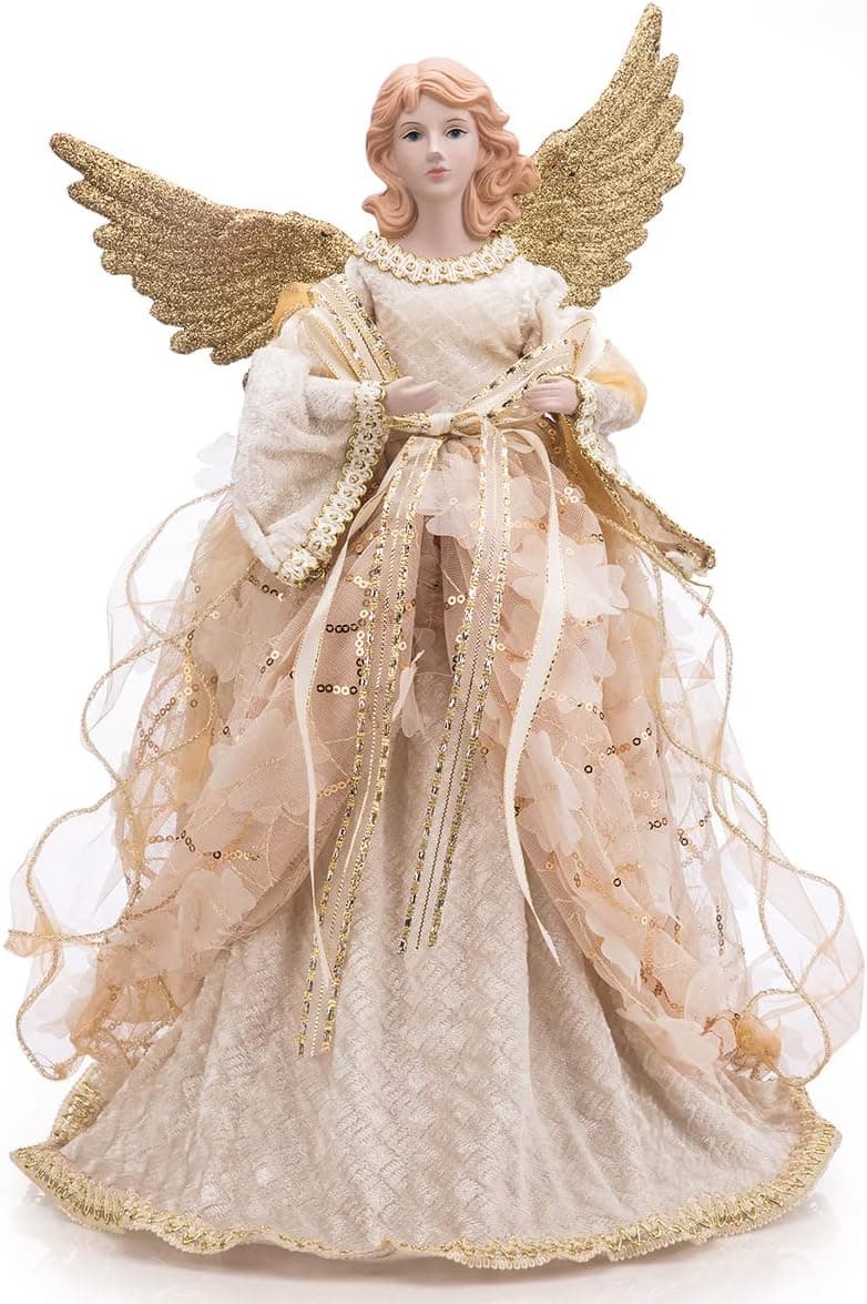 ARCCI 16" Christmas Angel Tree Topper with Luxury White Gold Dress Christmas Standing Treetop Angel Winged Goddess Figurine Holiday Decoration