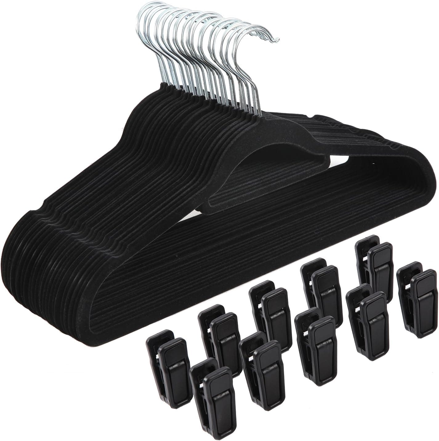 Finnhomy Heavy Duty 50 Pack Clothes Hangers with 10 Multiple Use Finger Clips, Durable Slim-Line Velvet Hangers Non-Slip Sturdy Clothing Hangers, Black