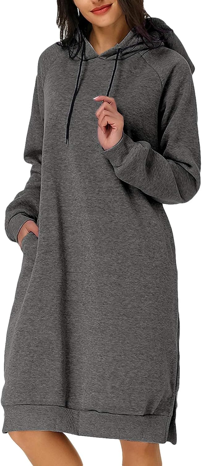 Kidsform Women's Hoodie Long Tunic Dress Solid Pullover Loose Sweater Hoodie Sweatshirt Long Tops