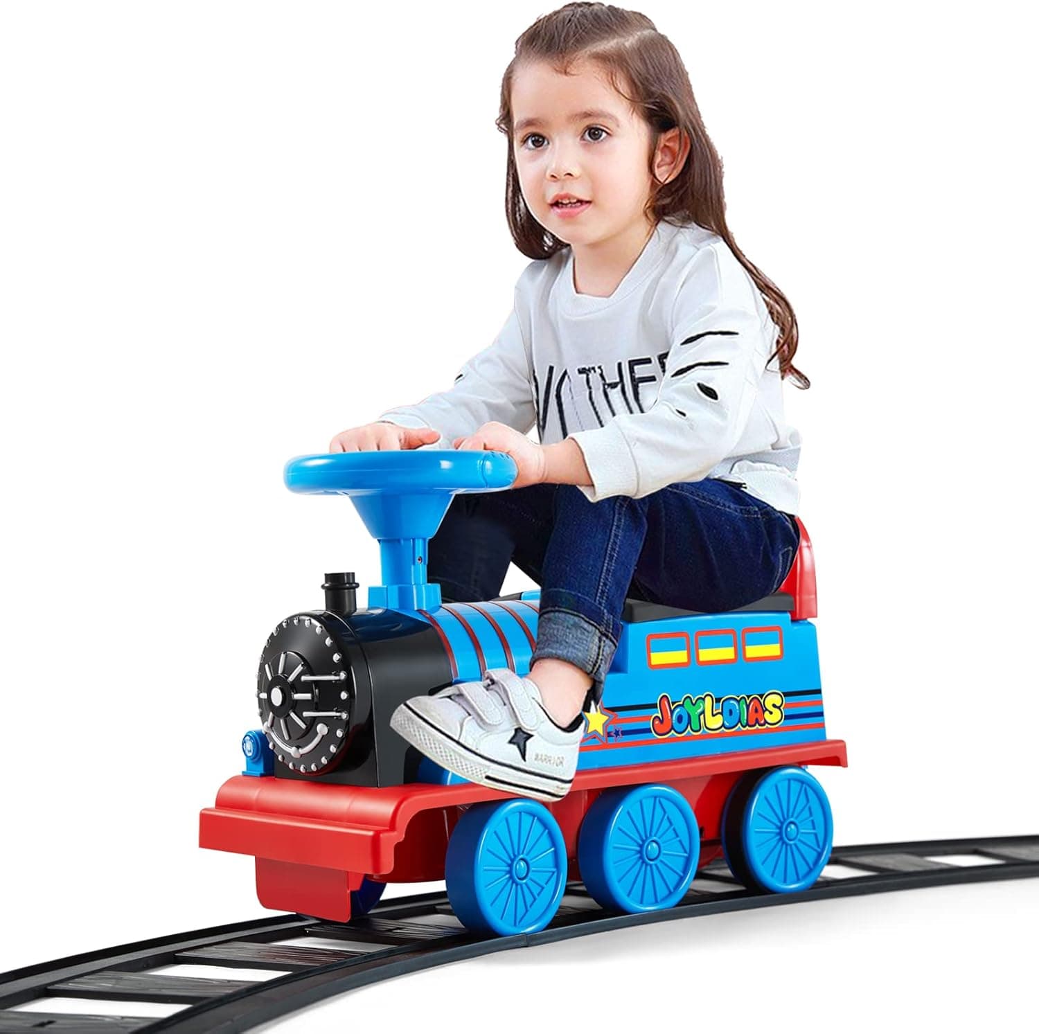 JOYLDIAS 6V 3-in-1 Ride On Train with 16pcs Curved Tracks, Electric Ride On Toy Trains with Lights, Horns, Storage, Retractable Foot Pedals, Gift for Toddlers 2-6 Years, Blue