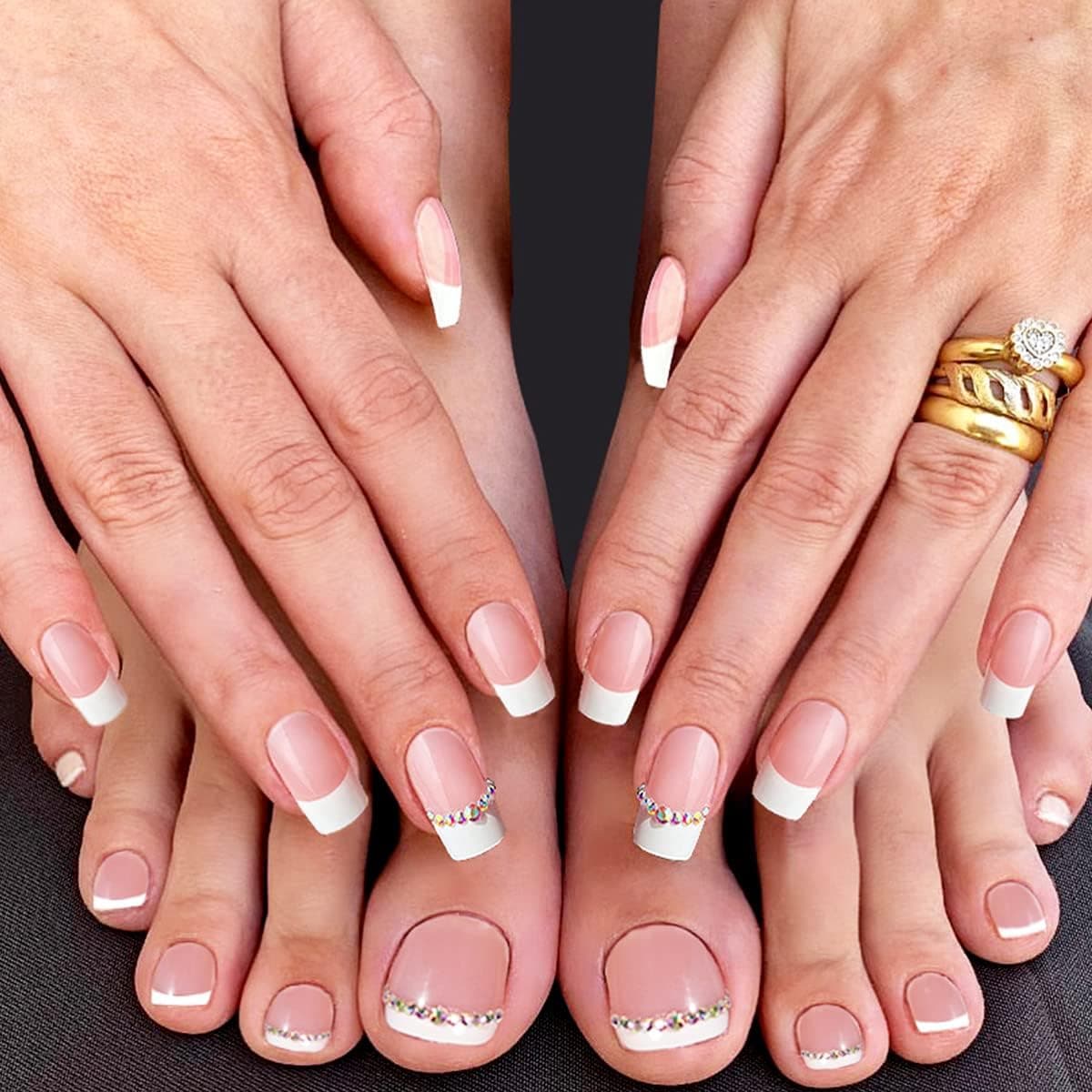 WEYATO French Tips Press on Nails Medium Length Fake Toenails Nails 48Pcs Full Cover False Nails with White Rhinestones Exquisite Summer Beach Daily Wear Stick on Nails Toenails for Women, 1 Count