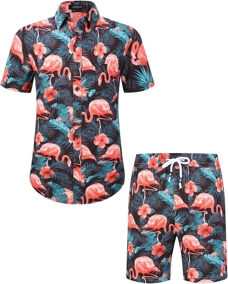 MCEDAR Men's Casual Button-Down Short Sleeve Hawaiian Shirt Suits Fit Beach Floral 2 Piece Vacation Outfits Sets