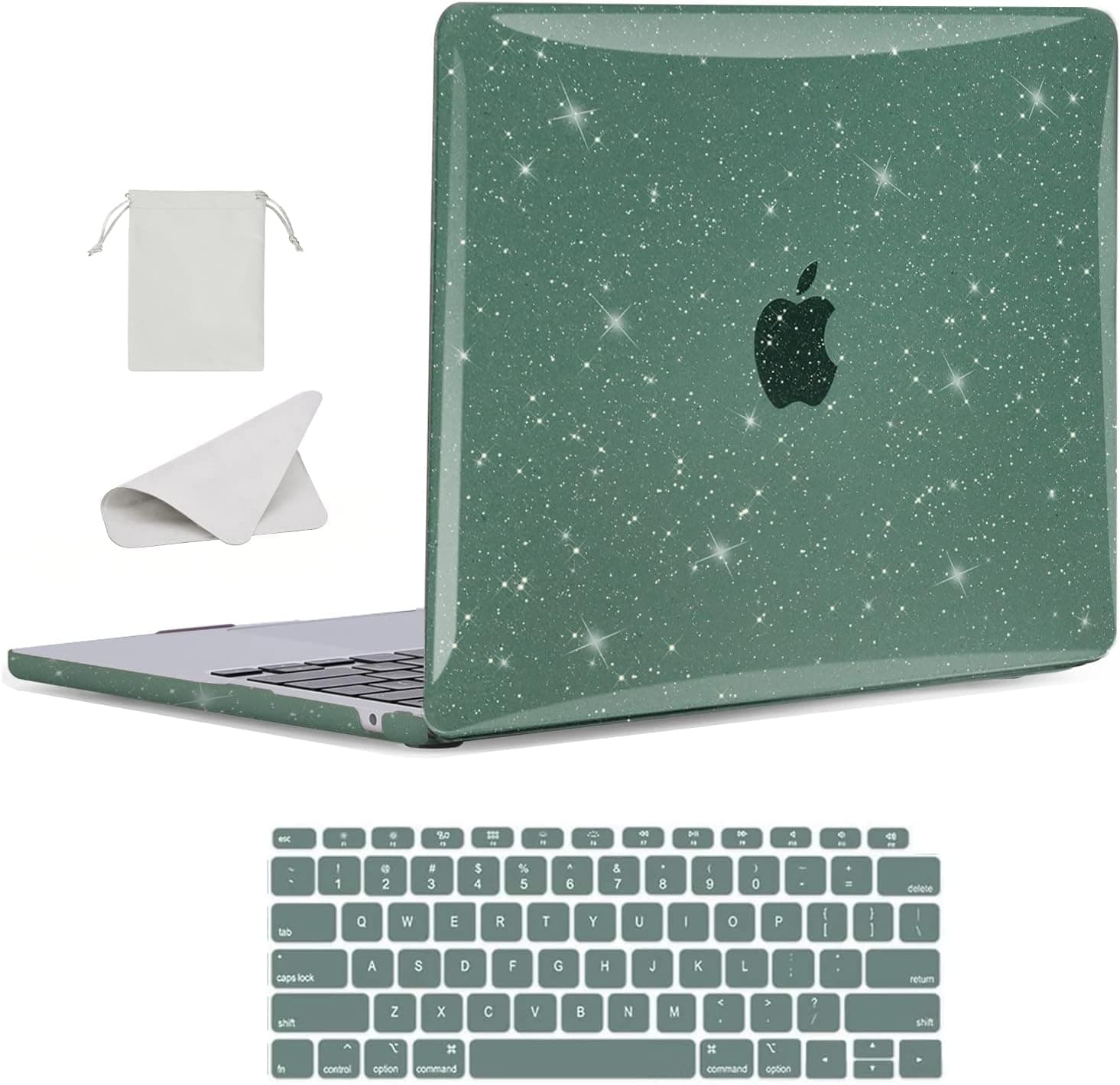 BlueSwan Compatible for 2022 M2 MacBook Air 13 inch Case Model A2681, 13.6" MacBook Air Hard Shell Case & Keyboard Cover & Storage Bag & Polishing Cleaning Cloth, Glitter Midnight Green