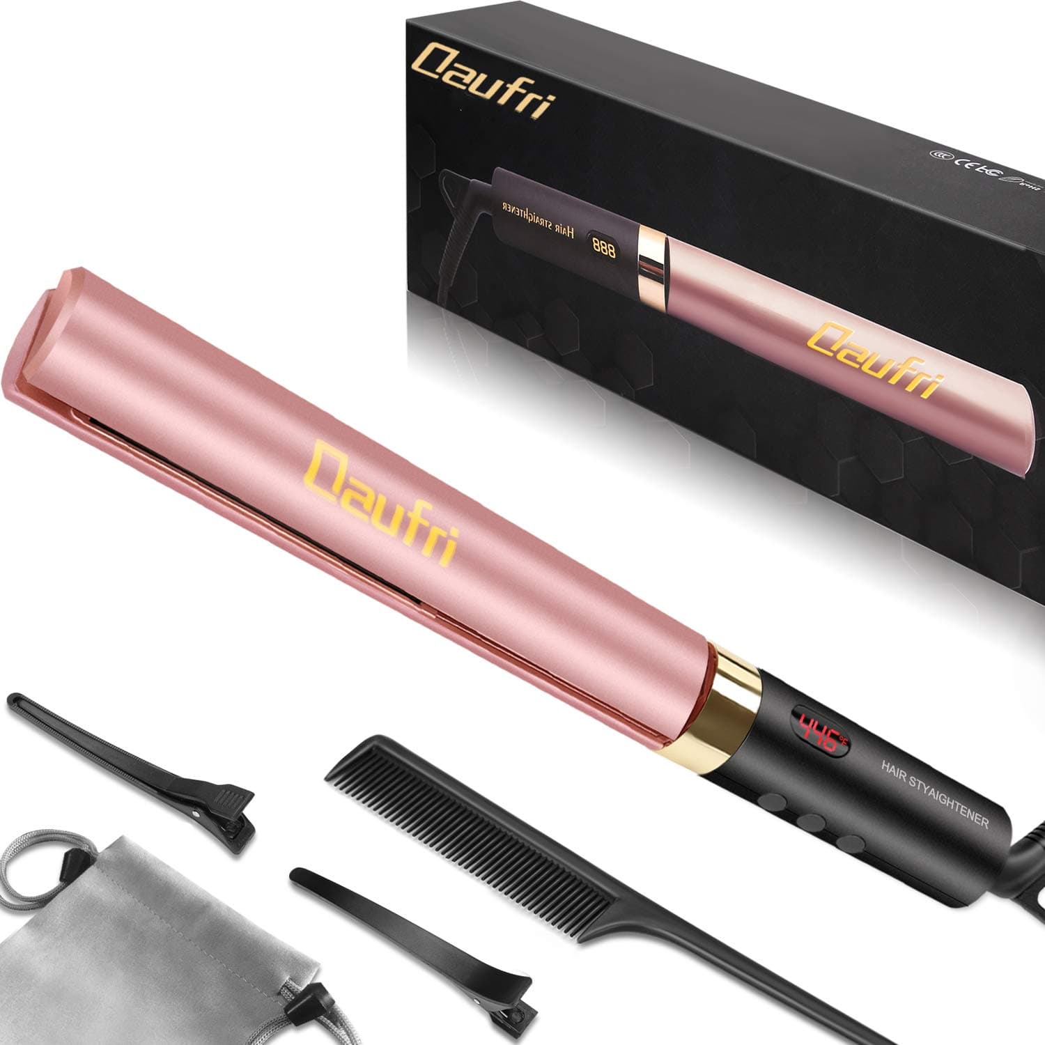 Hair Straightener, Daufri Professional Straightener Flat Iron 2 in 1 Tourmaline Ceramic Digital LCD 250¨H-450¨H & Dual Voltage, 15s Instant Heat for All Hair Types (Rose Golden)