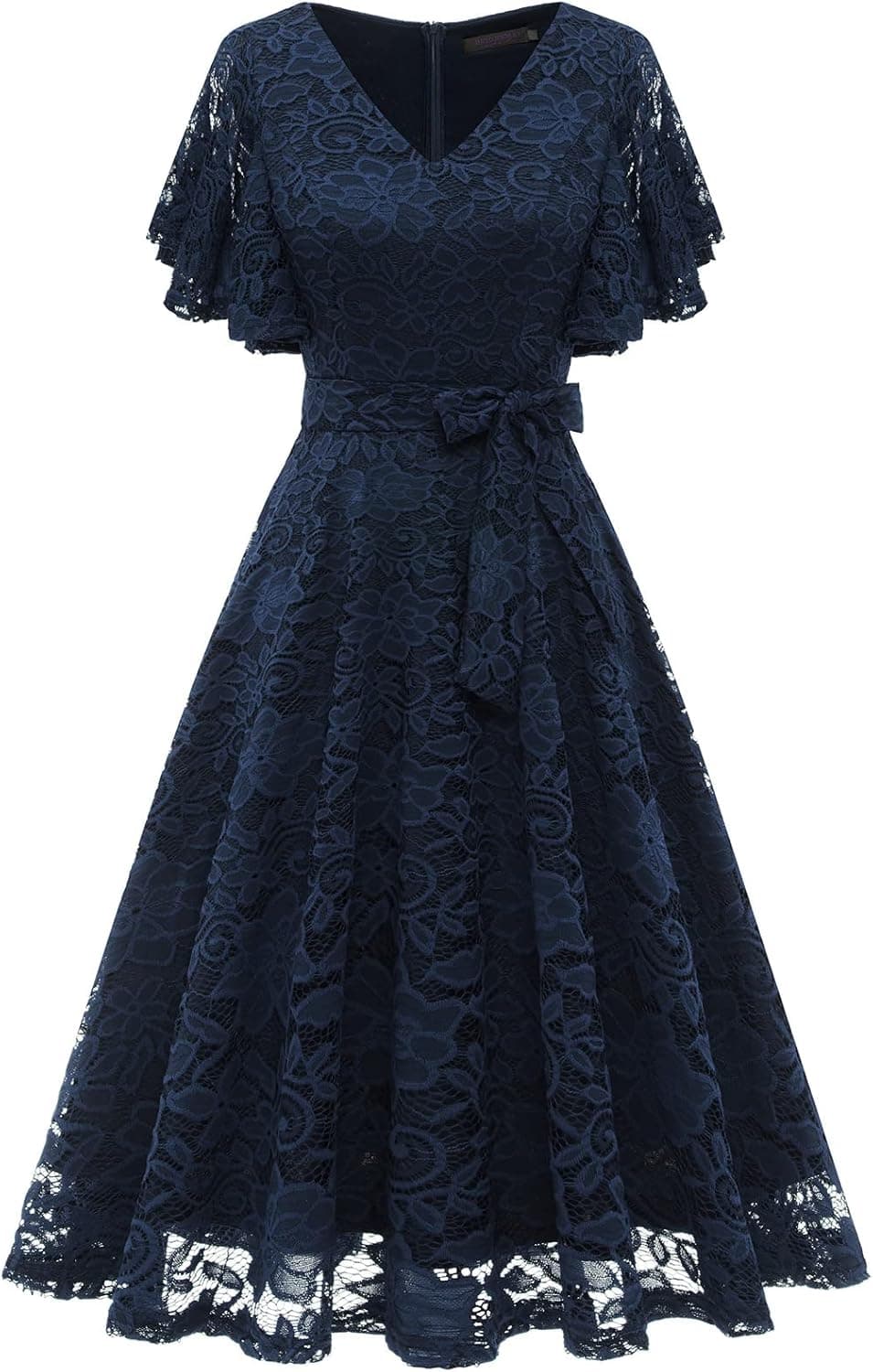 Cocktail Dresses for Women Retro 1950s Lace V Neck Ruffle Sleeve Graduation Homecoming Dress with Belt Navy 3XL