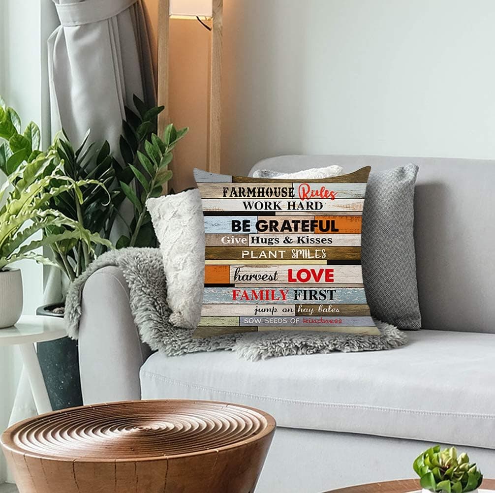 XUWELL Farmhouse Rules Vintage Colorful Wooden Board Cotton Linen Throw Pillow Cover, Cushion Case for Sofa Bed Home Decor 18 x 18 Inch