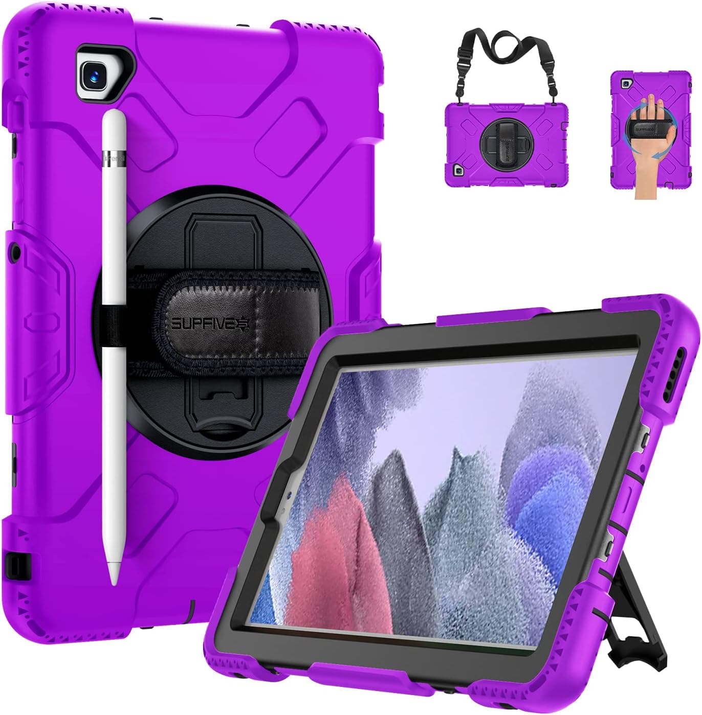 SUPFIVES Case for Samsung Galaxy Tab A7 Lite 2021 (SM-T220/T225) 8.7 inch, Military Grade Protection Shockproof Case with Multi-Angle Viewing + Pen holder + Hand &Shoulder Strap for Tab A7 Lite Purple