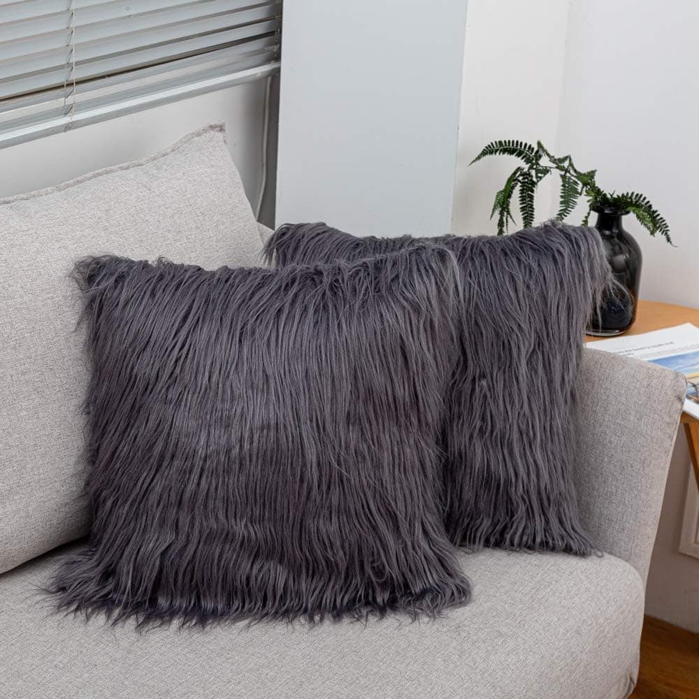 LDUSAHOME Soft Long Faux Fur Cushion Cover 2Pack Luxury Shaggy Pillowcase Fleece Style Series Throw Pillow Cases for Sofa Bedroom Car,18x18 in,45x45cm,Grey
