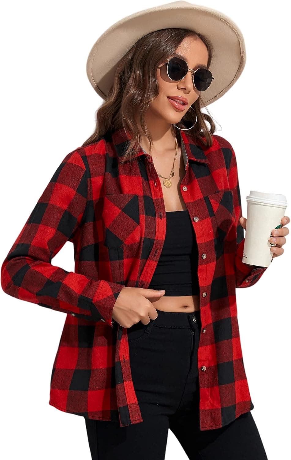MARZXIN Plaid Flannel Shirt for Women Oversized Long Sleeve Button Down Shirts Casual Loose Blouse Tops