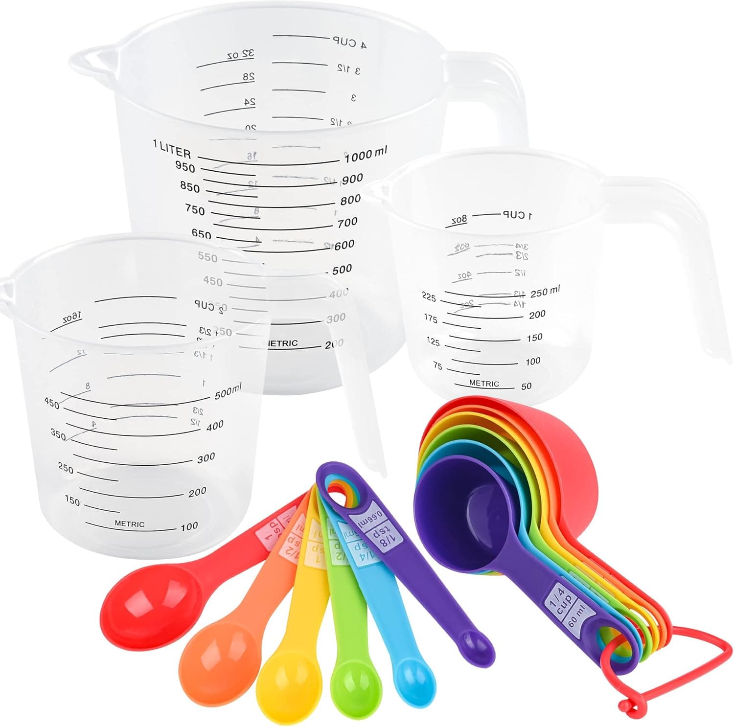 Smithcraft Measuring Cups and Spoons, Cute Plastic Measuring Cups Spoons Set 15, Color Liquids Measuring Cups and Spoons for Kitchen & Baking, 1 cup, 2 cups & 4 cups Measurement Cups Measure Spoons