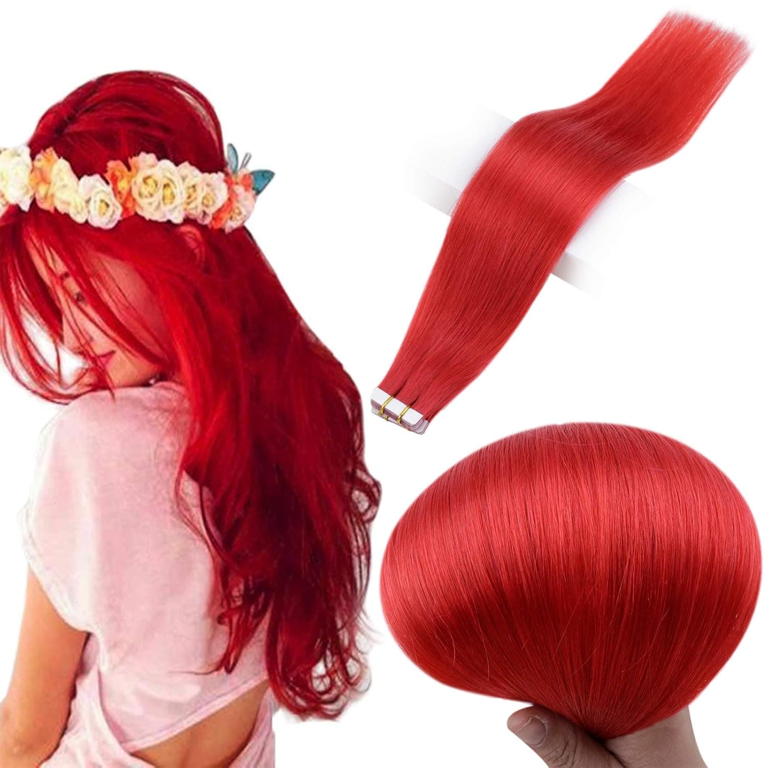 Full Shine Tape In Remy Hair Extensions 24 Inch Red Hair10 Pcs PU ape In Human Hair Extensions Adhesive Double Sided Tape In Extensions 25 Gram