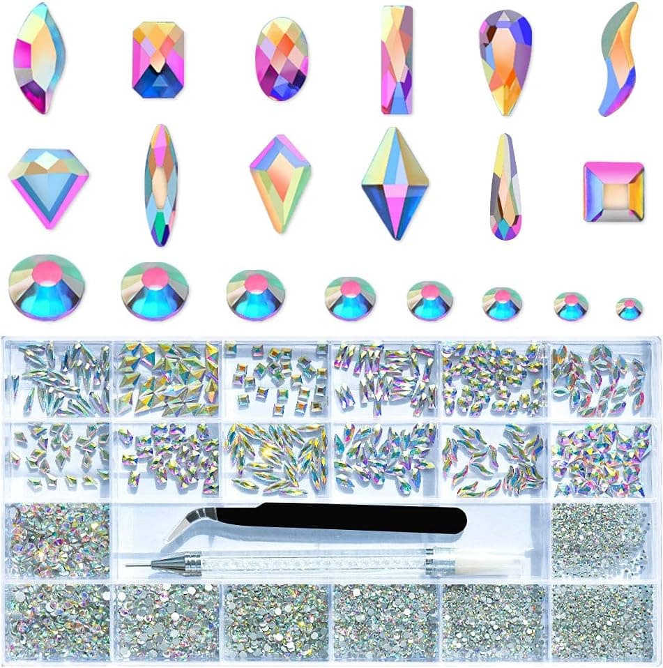 Molisaka Nail Diamonds Set, Multi Shape Glass Crystal AB Nail Jewels & Flatback Nail Rhinestones for Nails Art Decorations Kit with Wax Pencil and Tweezers, Bling Nail Gems and Diamonds 3D Nail Charms