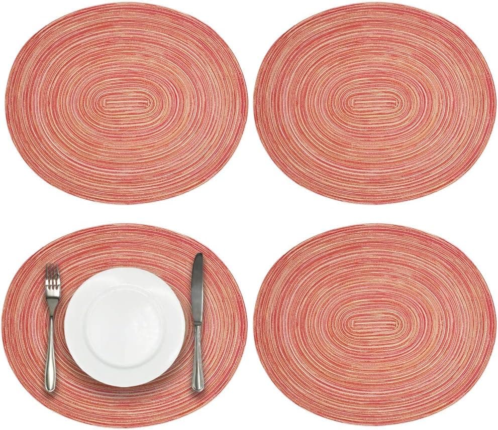 JENDI 15 inch Washable Oval Placemats Non Slip Heat Resistant Braided Dining Table Mats for Family Dinners Holiday (Oval Red-Pink, 4)