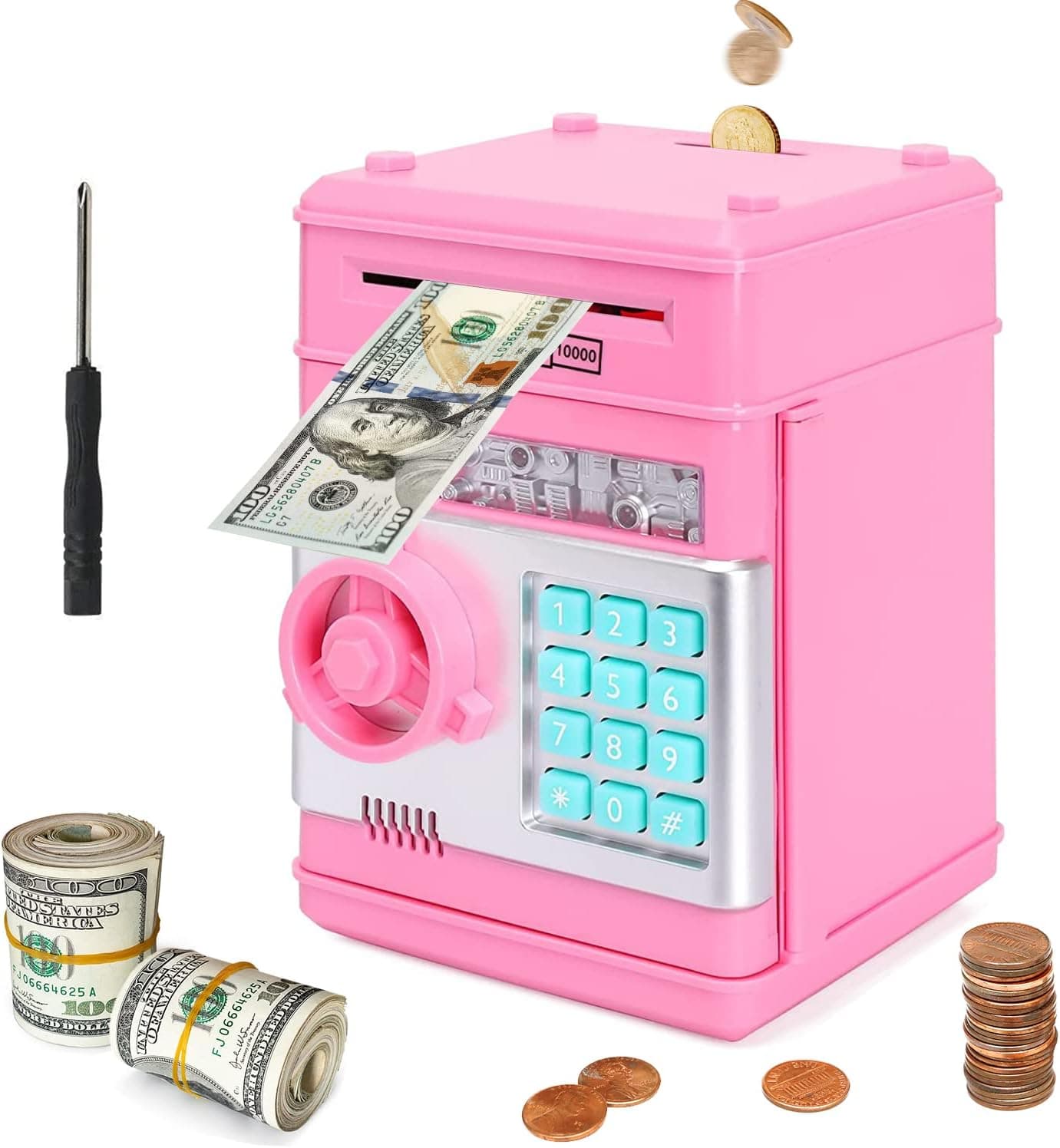 OUSCENE Piggy Bank for Boys Girls, Electronic ATM Password Piggy Bank Cash Coin Can Auto Scroll Paper Money Saving Box(Pink)