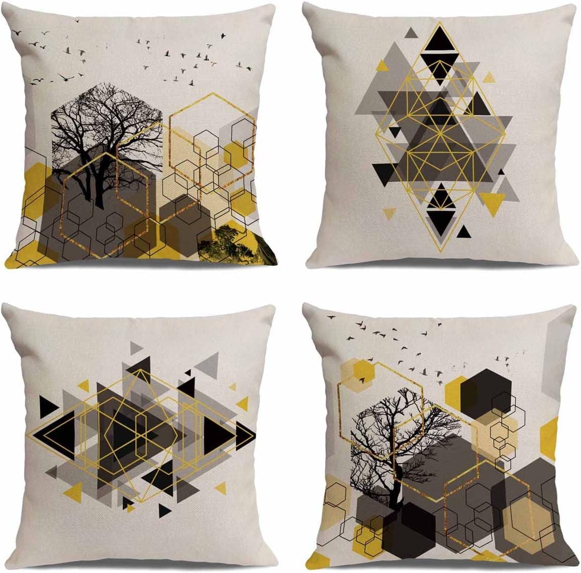 LITVACK Gold Geometric Abstract Pillowcase Set of 4, Square Linen Home Outdoor Bedroom Decorative Pillow Cover Sofa Cushion Cover 18x18 Inch