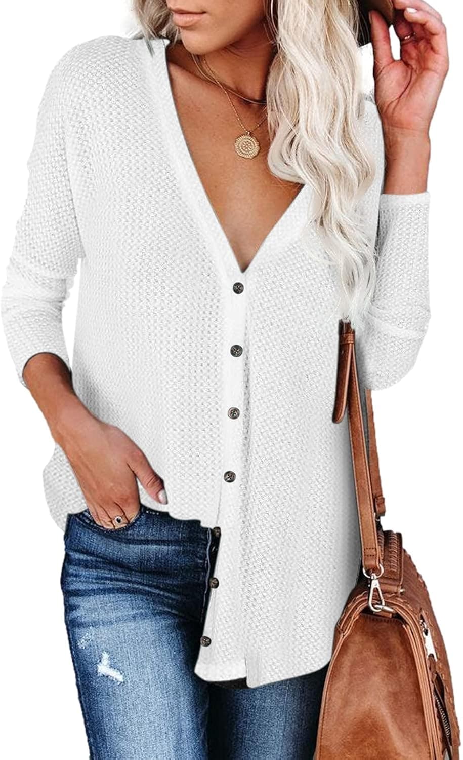 Yanekop Womens V Neck Waffle Knit Tunic Blouse Button Up Henley Shirt Loose Long Sleeve Tops