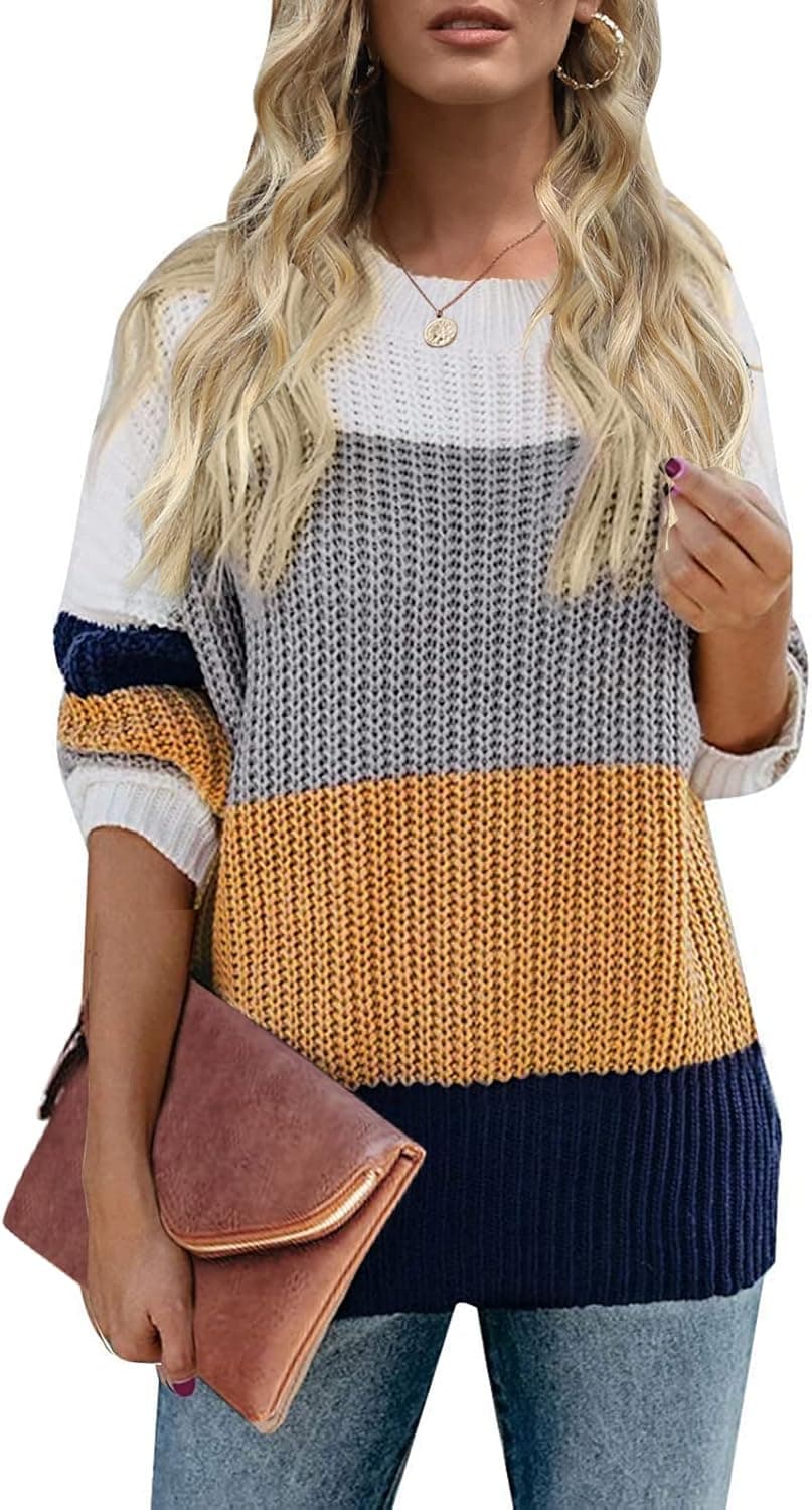 MEROKEETY Women's Crew Neck Long Sleeve Color Block Knit Sweater Casual Pullover Jumper Tops