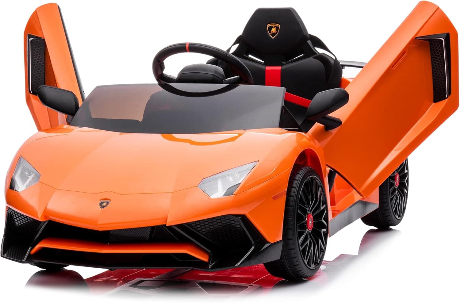 Kidzone Kids Electric Ride On 12V Licensed Lamborghini Aventador Battery Powered Sports Car Toy with 2 Speeds, Parent Control, Sound System, LED Headlights & Hydraulic Doors - Orange