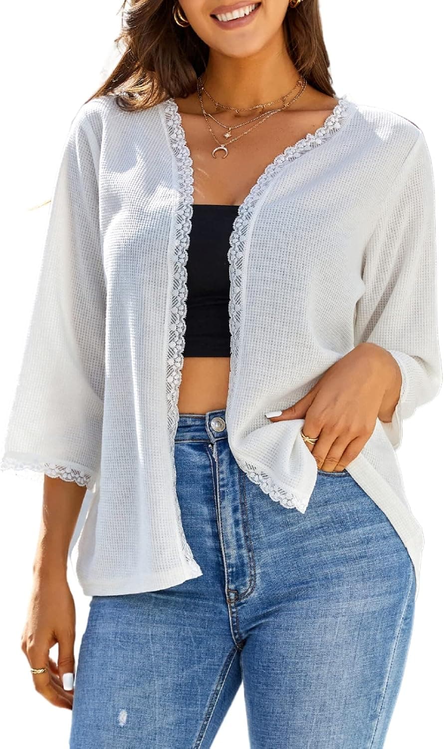 Kate Kasin Women Lightweight Lace Trim Shrug Waffle Knit Open Front Cardigan Sweater 3/4 Sleeve Loose Kimono Cover Up