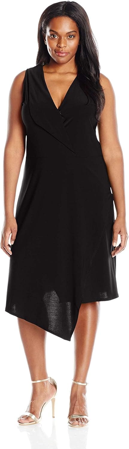 Star Vixen Women's Plus Size Sleeveless Assymetrical Fauxwrap Dress with Foldover Collar