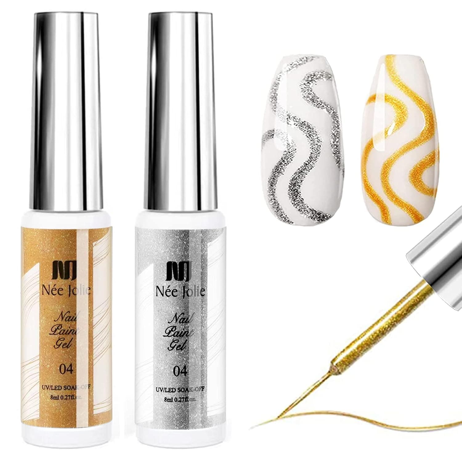 2 PCS Gel Polish Nail Art Gel Liner Set, Painted Nail Gel Painting Drawing Gel Polish DIY Design Creative Gel Polish for Home Salon Diy Nail French Manicure Painting (Gold & Silver）