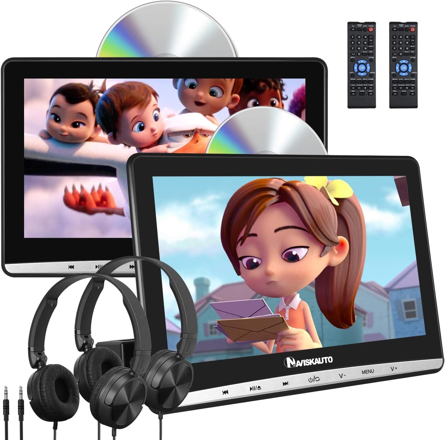 NAVISKAUTO 10.1" Inhalation Dual Screen Car DVD Players with 2 Headphones Support Sync Screen AV Out & in Resume Region Free USB SD (2 Headrest DVD Players)