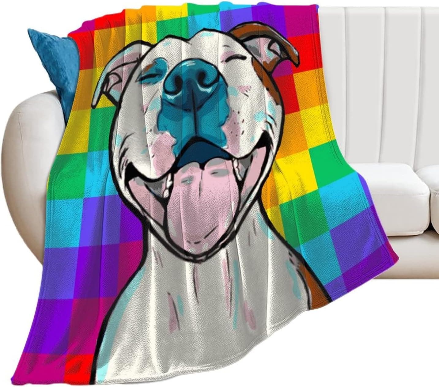 JVAIRSPL Watercolor Pitbull Dog Face Rainbow Background Throw Blanket for Couch Bed - 50x40, Flannel Fleece Toddler Throw,Soft,Cozy,Warm Blankets for Home,Office,Travel Car,Bedroom Living Room