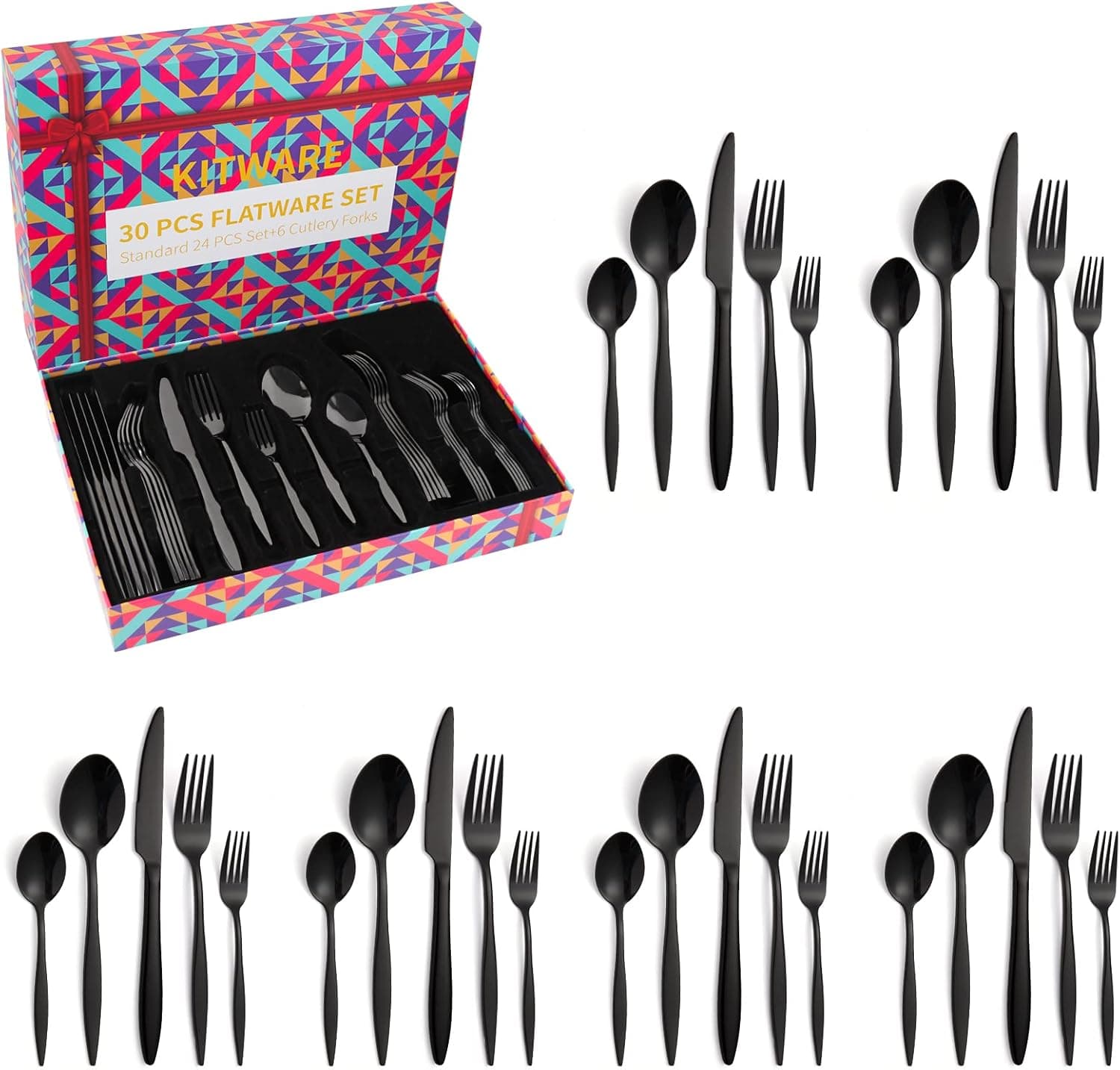 Black Silverware Set, 30 Pieces Stainless Steel Flatware for 6, Family Essential Utensil Tableware, Mirror Polished Cutlery for Home Kitchen, Hotel, Restaurant