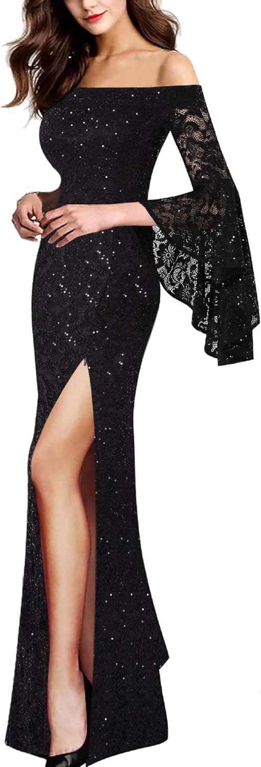 VFSHOW Womens Off Shoulder Bell Sleeve Formal Evening Wedding Party Maxi Dress