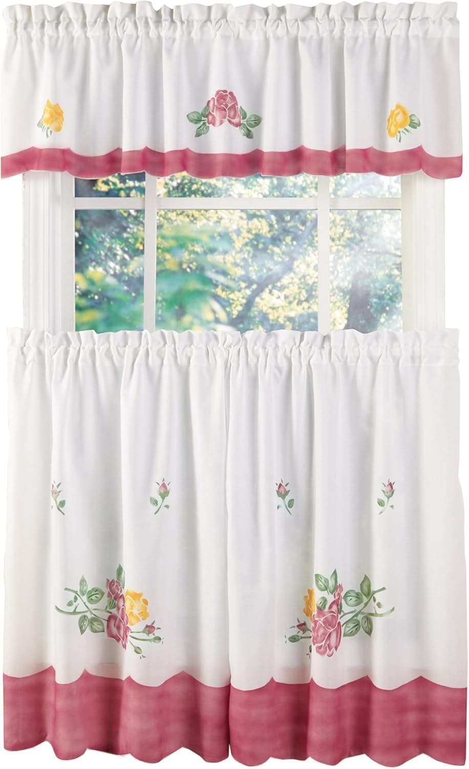 Kitchen Curtains - Cafe Curtain Set, 3 Piece Floral Drapery Window Treatment