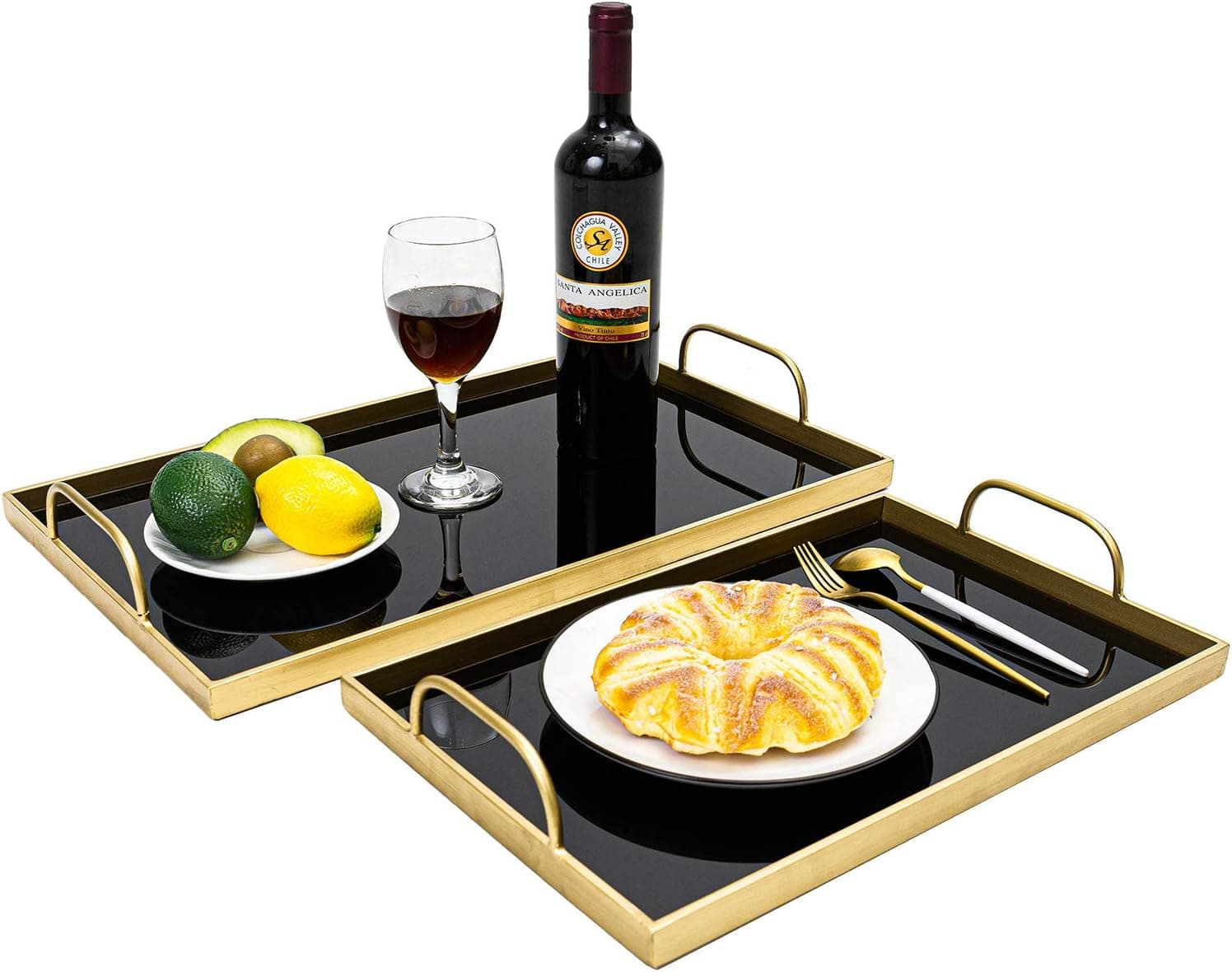 Large Food Serving Trays for Eating with Handles, Decorative Black Glass Trays Gold Metal Finish for Coffee Table, bar, Living Room, Bedroom
