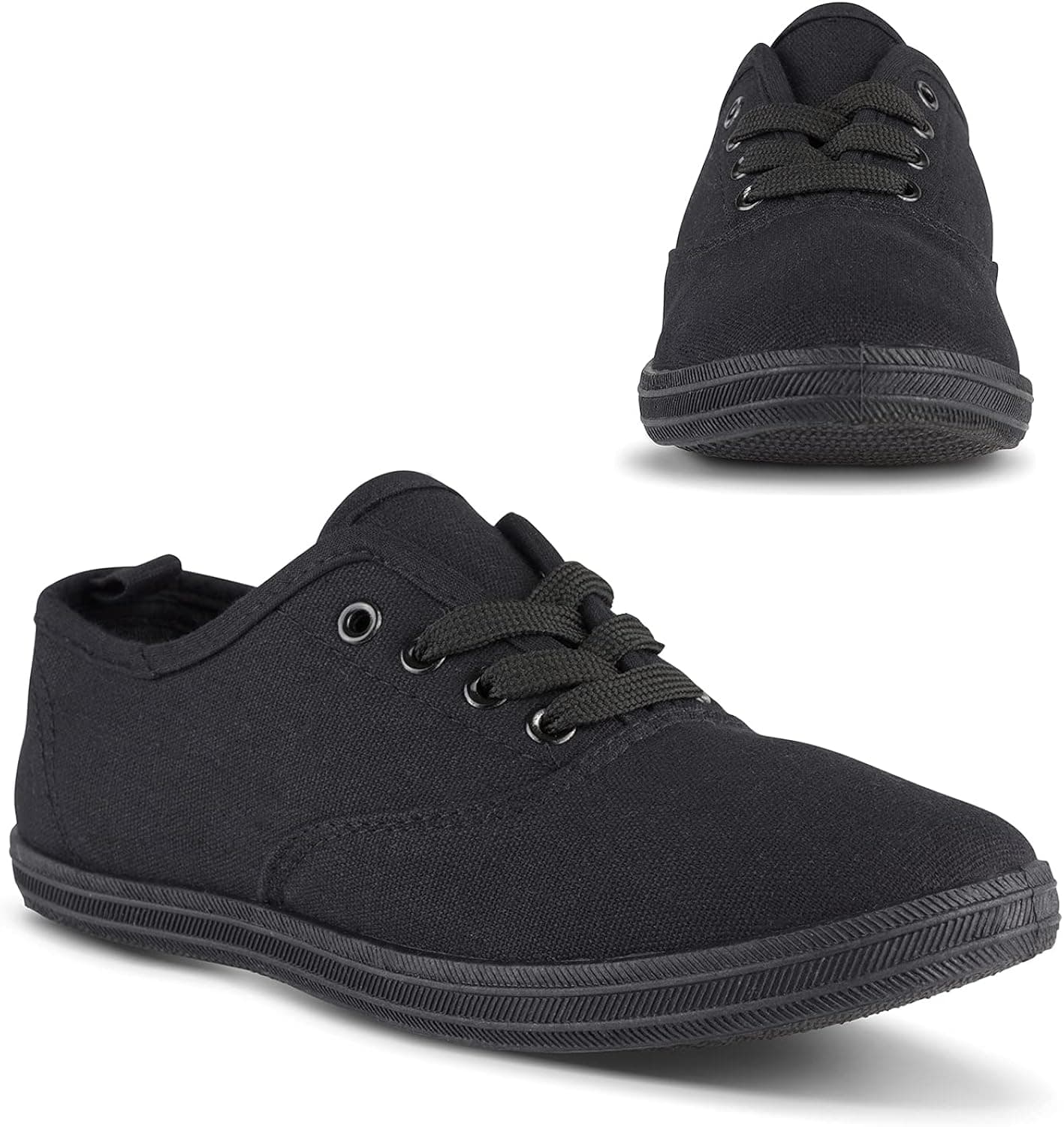 Twisted Tennis Shoes for Women | Low Rise Lace Up Sneakers, Casual Classic Plimsoll Style, Black/Black, 8
