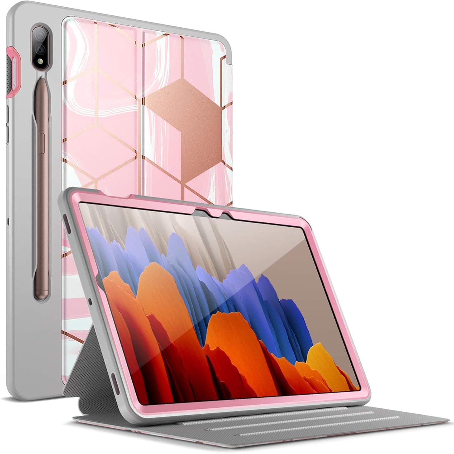 Popshine Marble Series Designed for Samsung Galaxy Tab S7 / S8 Case, Full Body Premium 360 Degree Protective Folio Cover with Built-in Screen Protector, Liquid Marble Pink