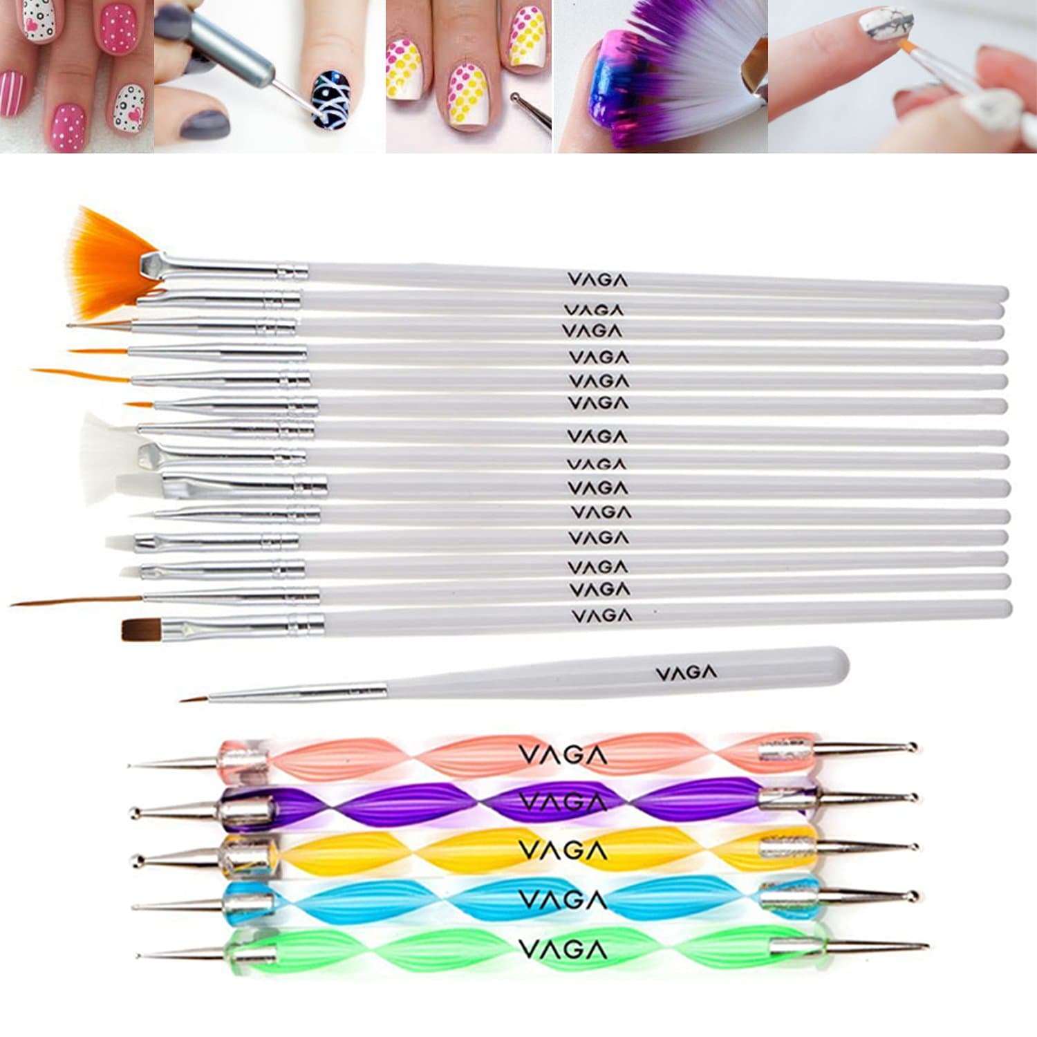 VAGA Nail Art Set Kit With 15 Brushes/Stripers/Liners In White And 5 Double Ended Dotting Marbling Tools/Dotters By VAGA