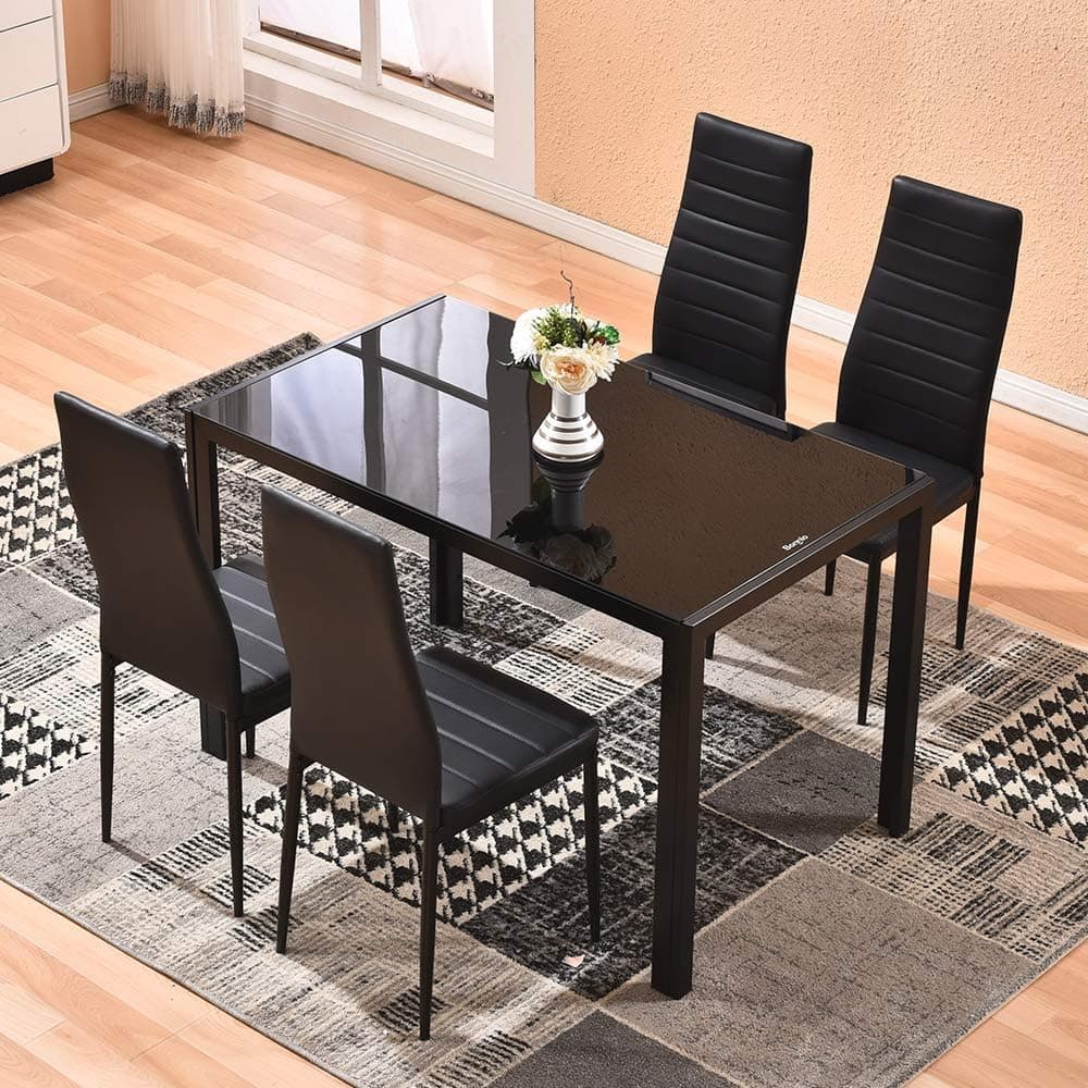 4HOMART Dining Table with Chairs, 5 PCS Glass Dining Kitchen Table Set Modern Tempered Glass Top Table and PU Leather Chairs with 4 Chairs Dining Room Furniture Black