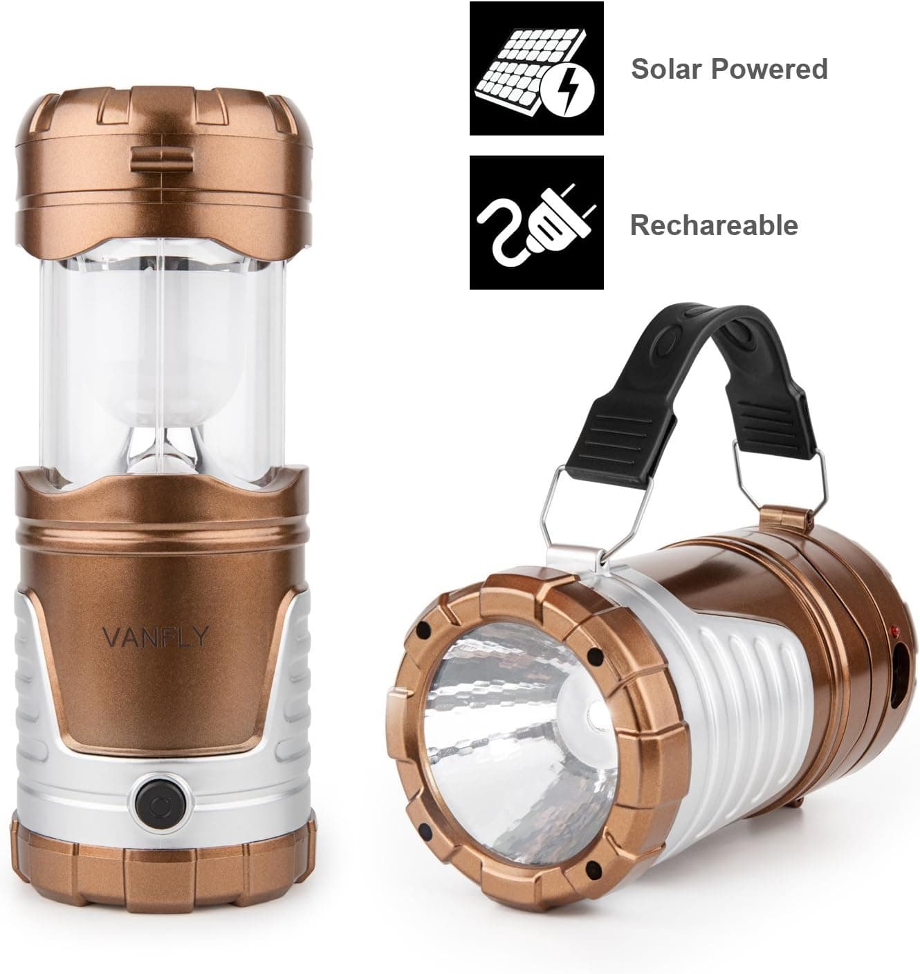 Camping Lights, Solar Rechargeable LED Camping Light & Handheld Flashlight in the Bottom with "S" Hook for Hiking, Camping, Fishing, Hurricanes, Outages, Emergency Charging for Mobilephone