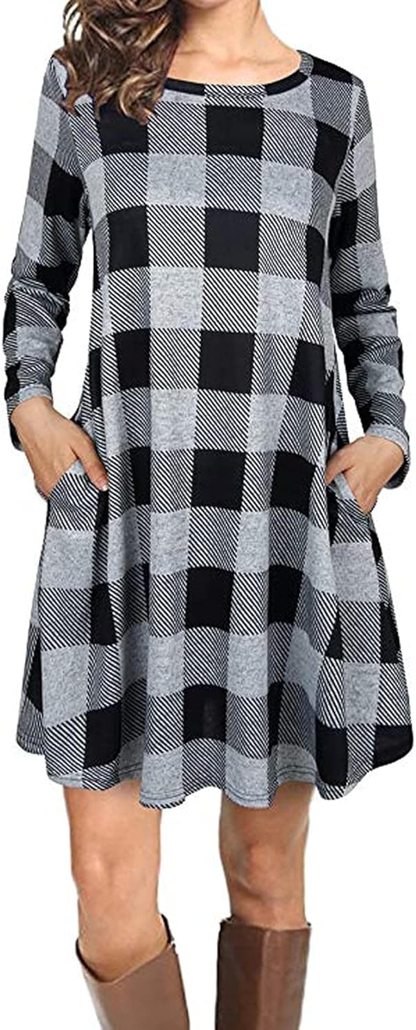 Yuanlar Women's Long Sleeve Plaid Round Neck T Shirt Dress Casual Loose Fit Tunic Dress with Pockets