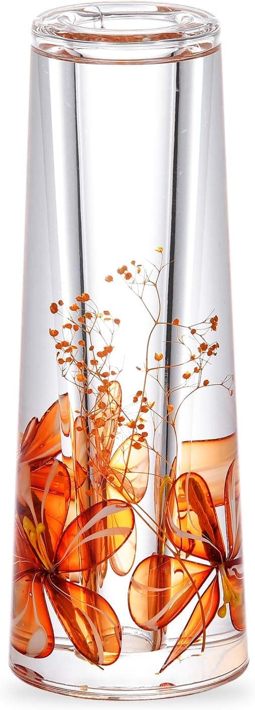 Locco Decor Acrylic Liquid 3D Floating Motion Cylinder Oval Flower Vase Boutique Floral Decoration Orange Flower