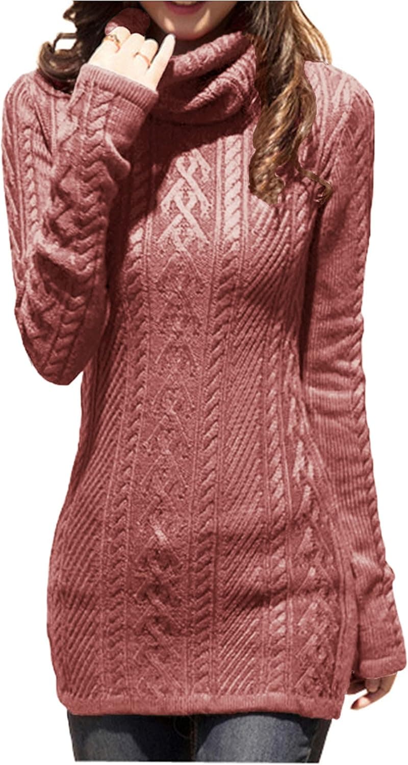 v28 Women Polo Neck Long Slim Fitted Dress Bodycon Turtleneck Cable Knit Sweater