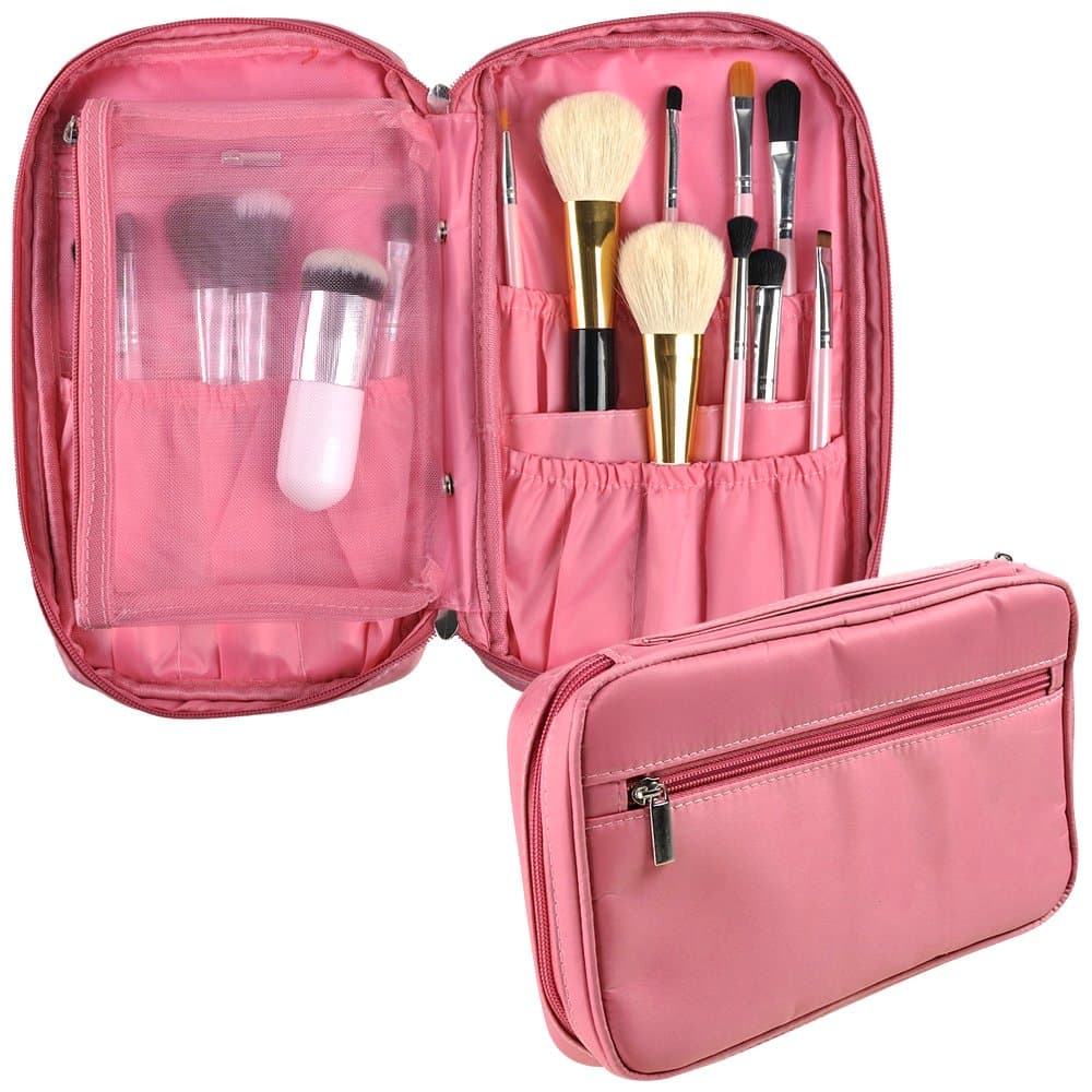 MONSTINA Professional Cosmetic Makeup Brush Organizer Beauty Artist Storage Brush Bag with Belt Strap Holder Makeup Handbag (Pink)
