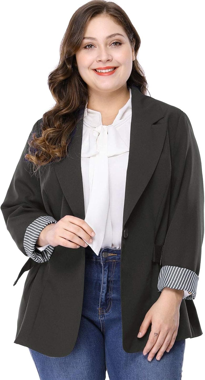 Agnes Orinda Women's Plus Size Contrast Stripe Cuff Notched Lapel Casual Blazers Jackets 2023