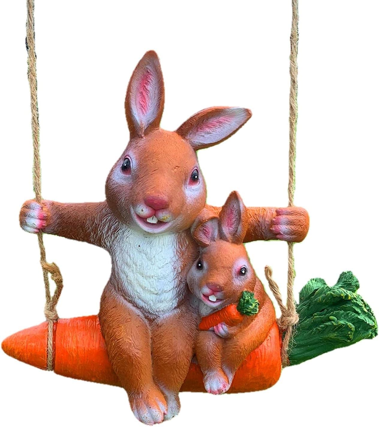 iRonrain Garden Rabbits Animal on A Swing Statue , Indoor Outdoor Cute Hanging Carrot Bunny Family Funny Simulation Art Décor Figurine Ornament for Yard Landscape Tree Decorations (Brown)