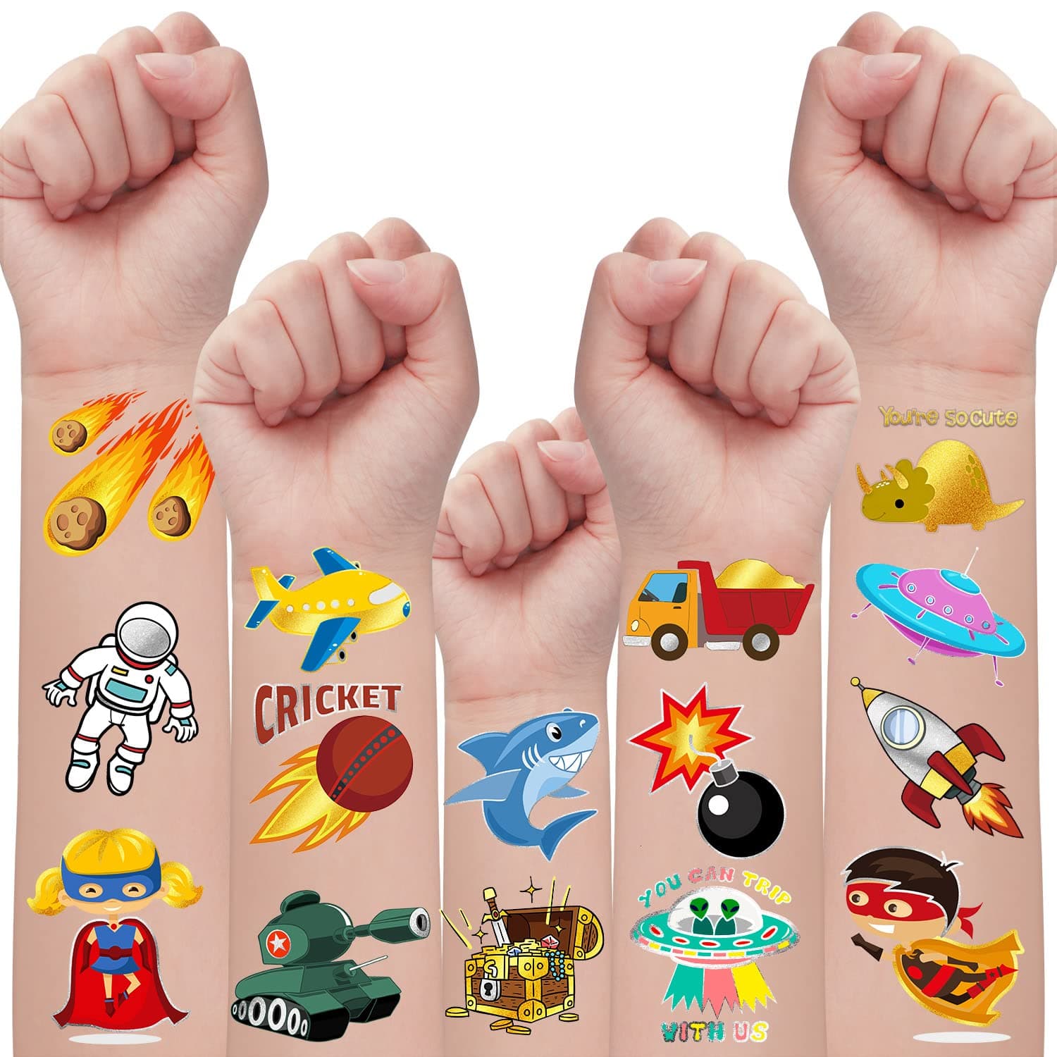 Partywind Temporary Tattoos for Kids Boys Birthday Decorations, 40 Metallic Glitter Styles Tattoos Stickers with Outer Space, Construction, Dinosaur, Pirate, Football Party Supplies Favors (2 Sheets)