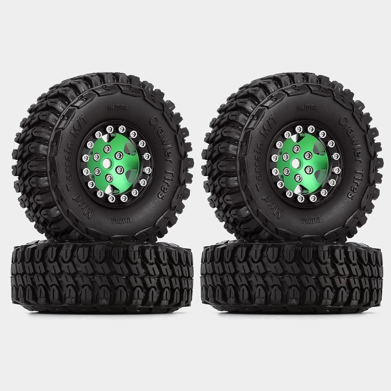 INJORA 1.0 Beadlock Wheels and Tires Micro Crawler Upgrade Part for 1/18 TRX4M SCX24 Gladiator Deadbolt C10 Bronco JLU Axial 1/24 RC Crawler Car(Black&Green)