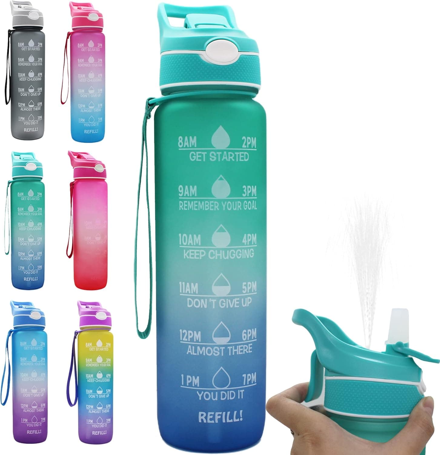 32 oz Water Bottle with Time Marker & Straw，Motivational Spray Water Bottles with Times to Drink, LeakProof Tritan BPA Free Water Jug Ensure You Drink Enough Water for Fitness, Gym, Outdoor Sports (Green-Blue)
