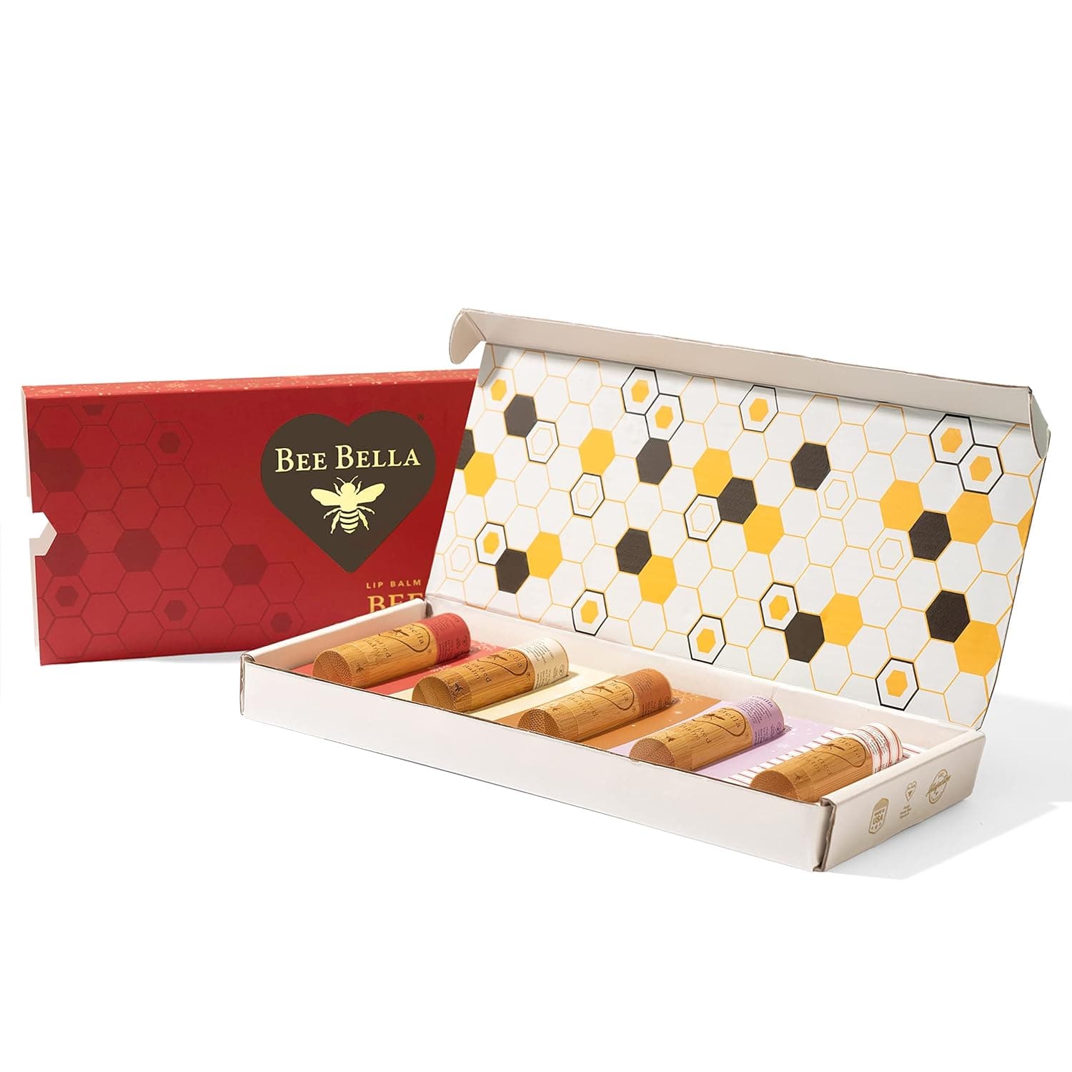 Bee Bella Holiday Gift Box, 5 Lip Balm Stocking Stuffer Products, Beeswax Holiday Set - Cherry, Lavender Vanilla, Vanilla Bean, Pumpkin Spice, Candy Cane