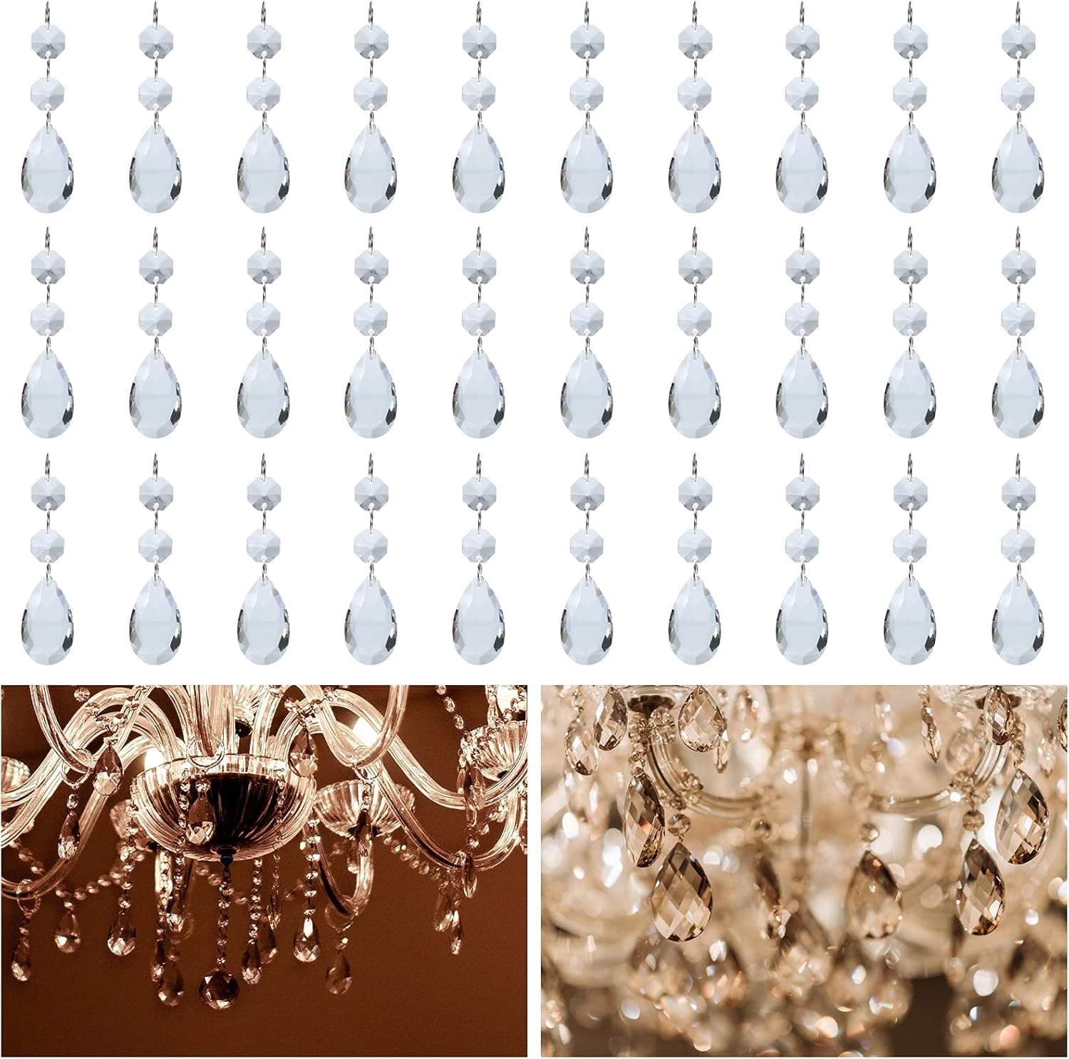 Tysun 30 Pcs Crystal Chandeliers Beads Lamp Chain Clear Teardrop Glass Chandelier Crystals Replacement for Light Lamp Home Decoration