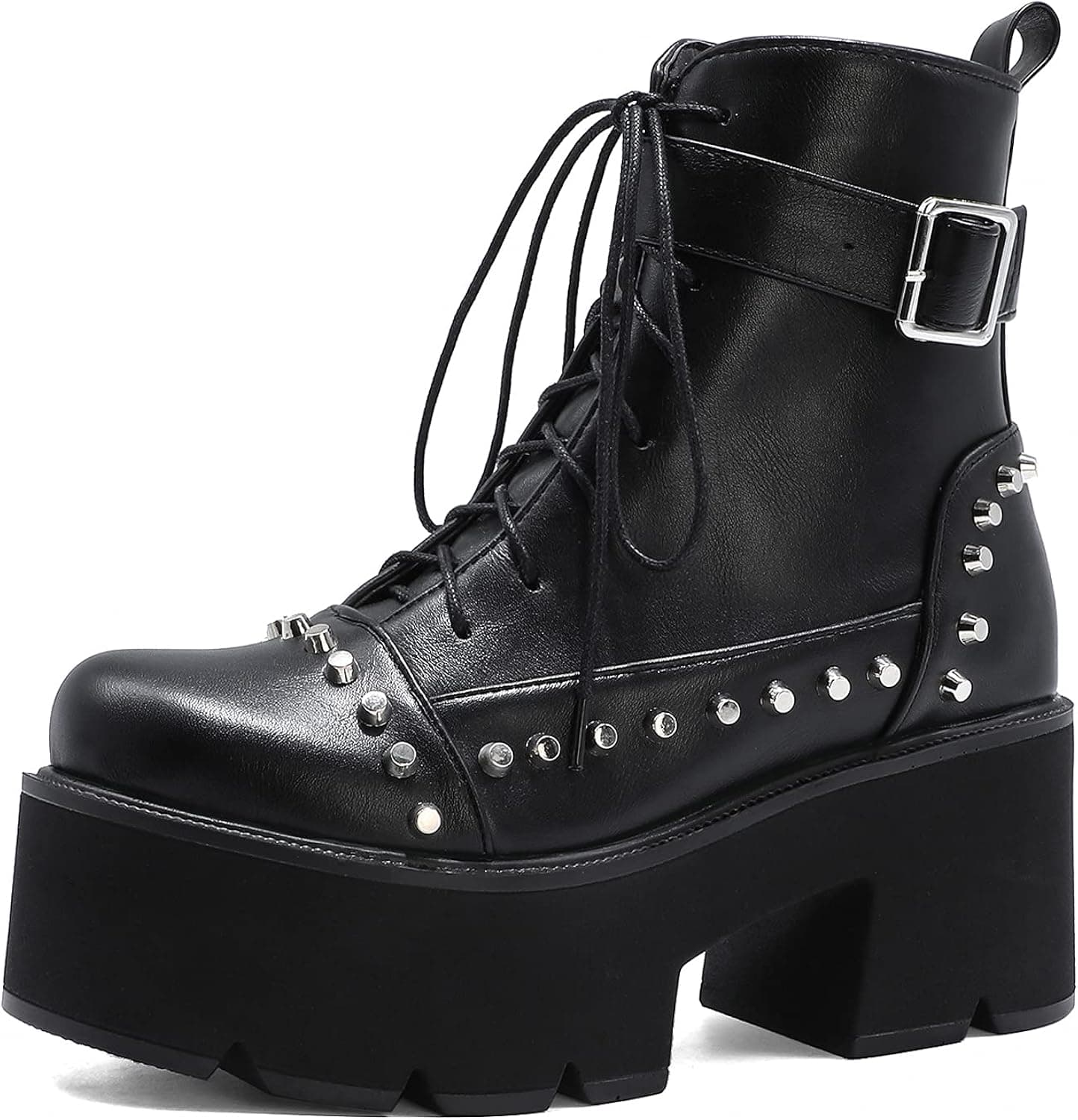 CYNLLIO Women's Platform Boots Punk Block Heel Boots Gothic Studded Motorcyle Boots Combat Boots Cool Ankle Booties
