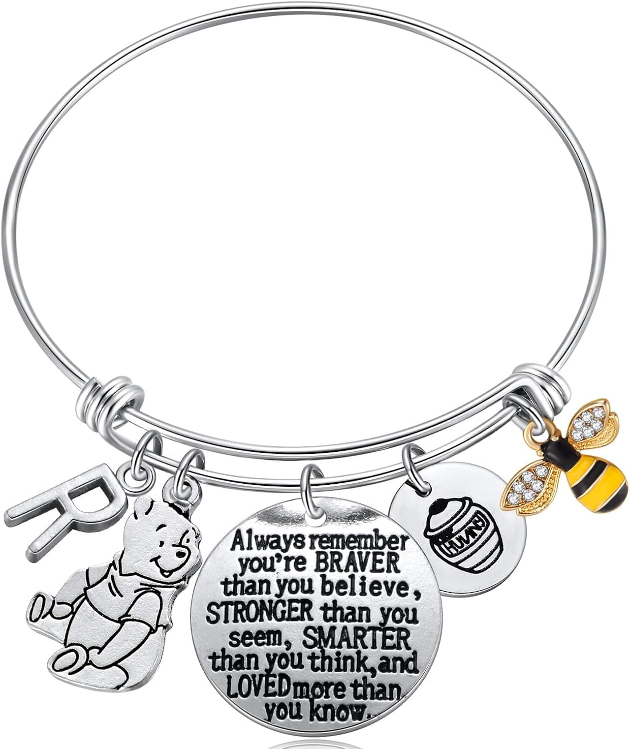 Kvekstio Inspired by Classic Gifts You are Braver Than You Believe, Bee, Hunny, Pooh Bear Charm Bracelet Inspirational Jewelry for Women, Initial R